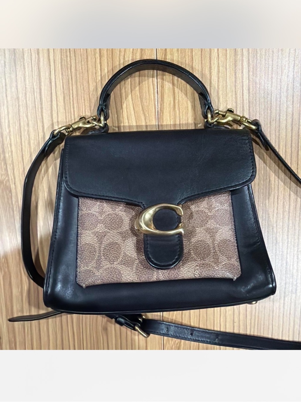 Coach Black Leather & Signature Canvas Satchel with Gold Hardware